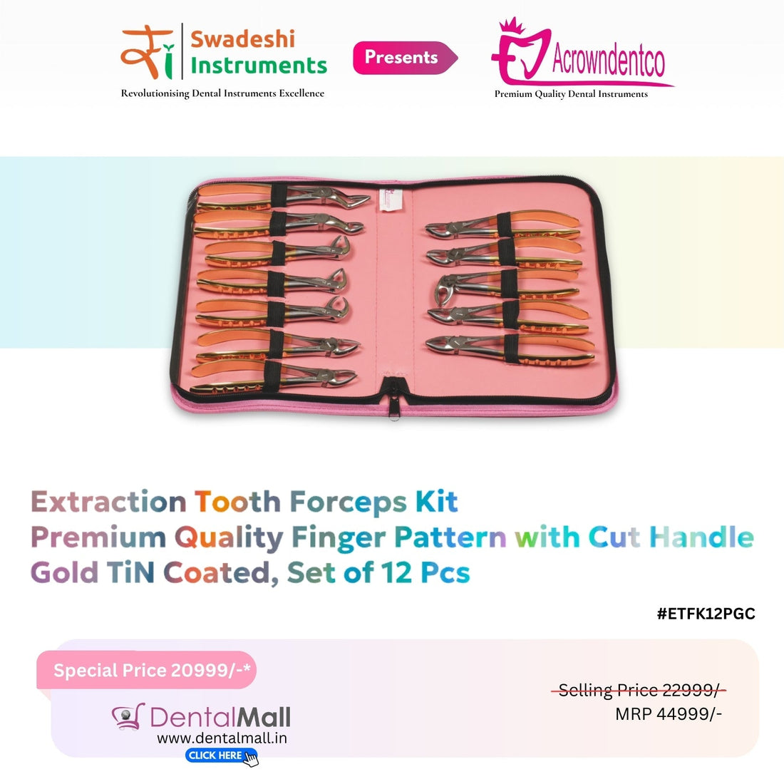 Extraction Tooth Forceps Kit – Premium Quality Finger Pattern with Cut Handle, Gold TiN Coated (Set of 12 Pcs) #ETFK12PGC