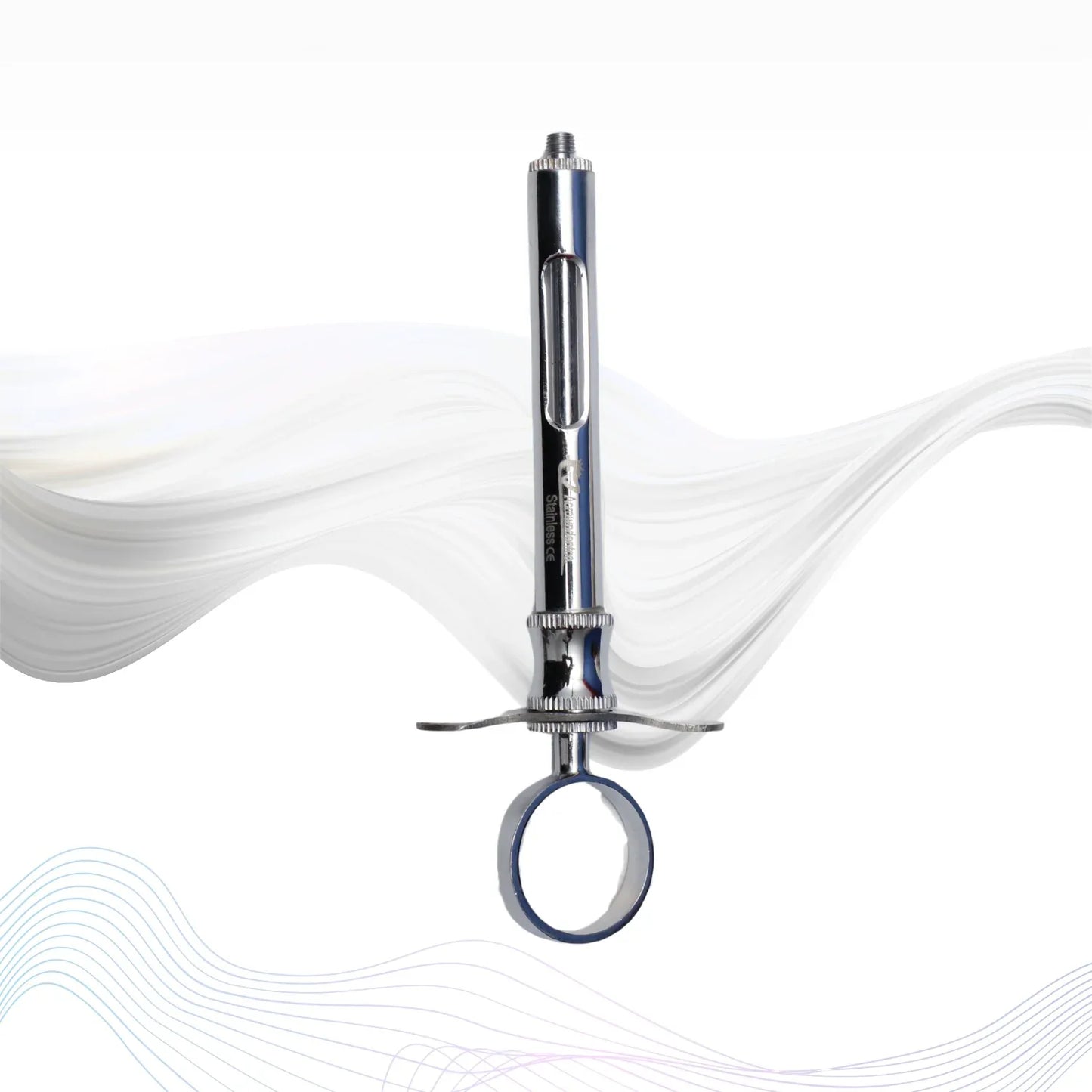 Metallic medical device with a white background
