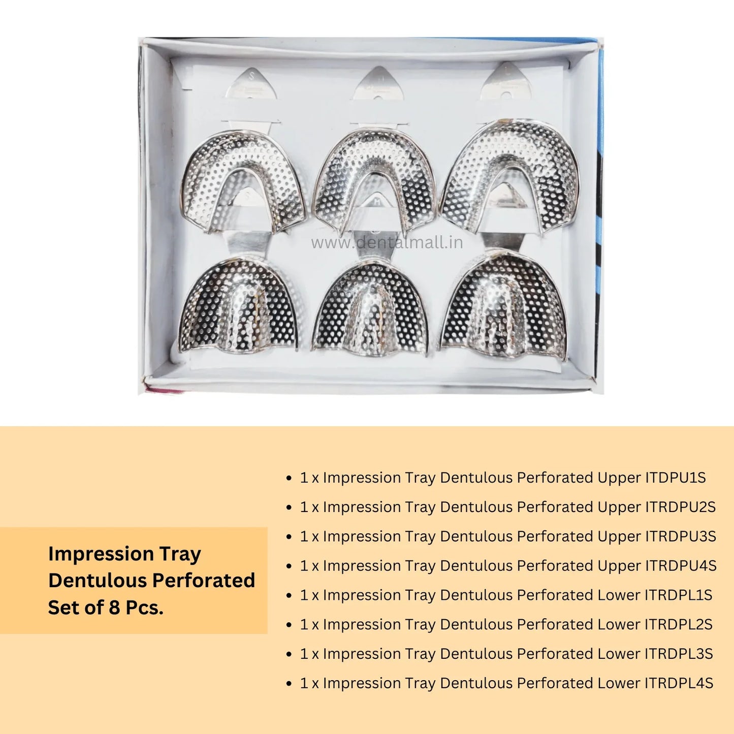 Set of 8 impression tray dentulous perforated products in a box with product details on a white background.