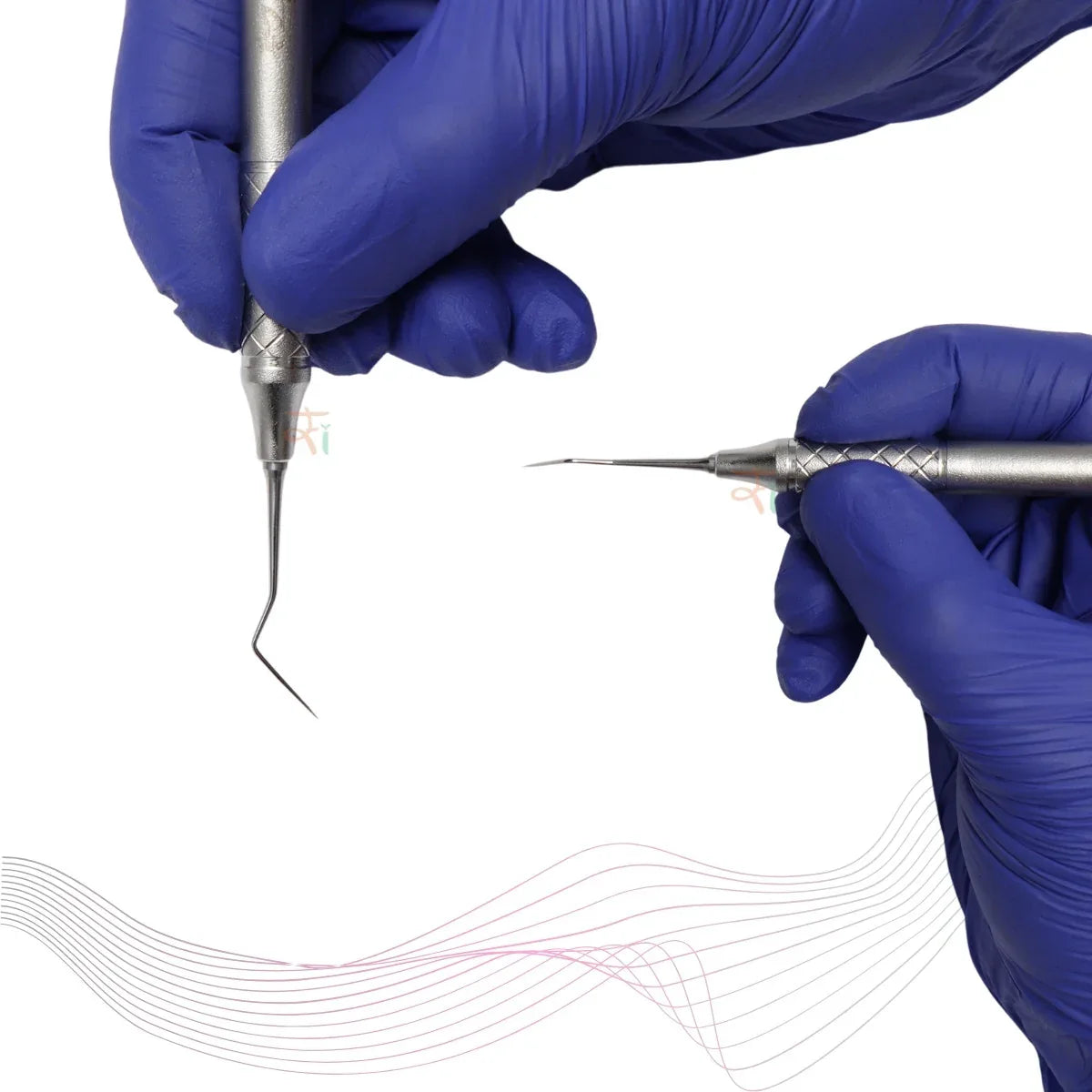 Hands wearing blue gloves holding dental tools on a white background