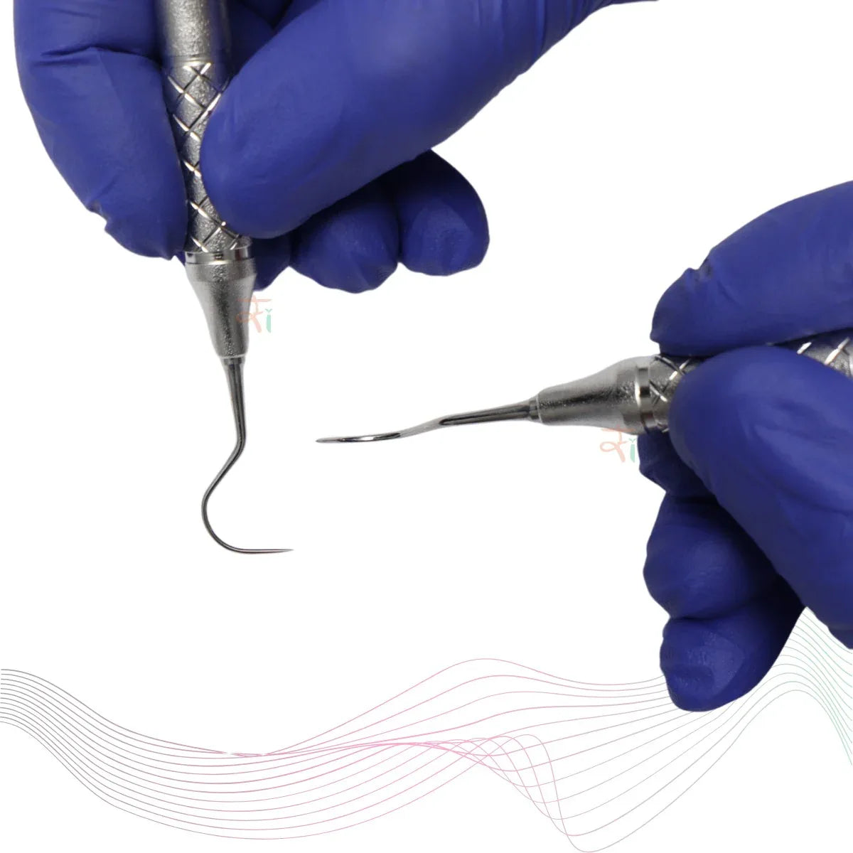 Dental tools held by gloved hands on a white background