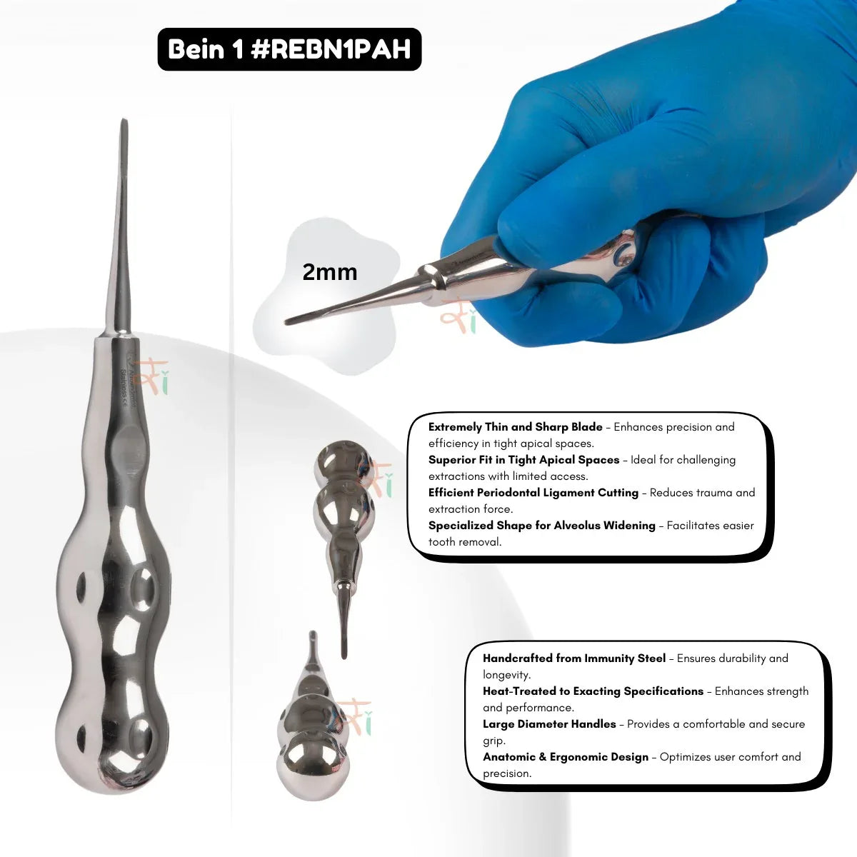 Surgical tool with specifications and a gloved hand holding it on a white background