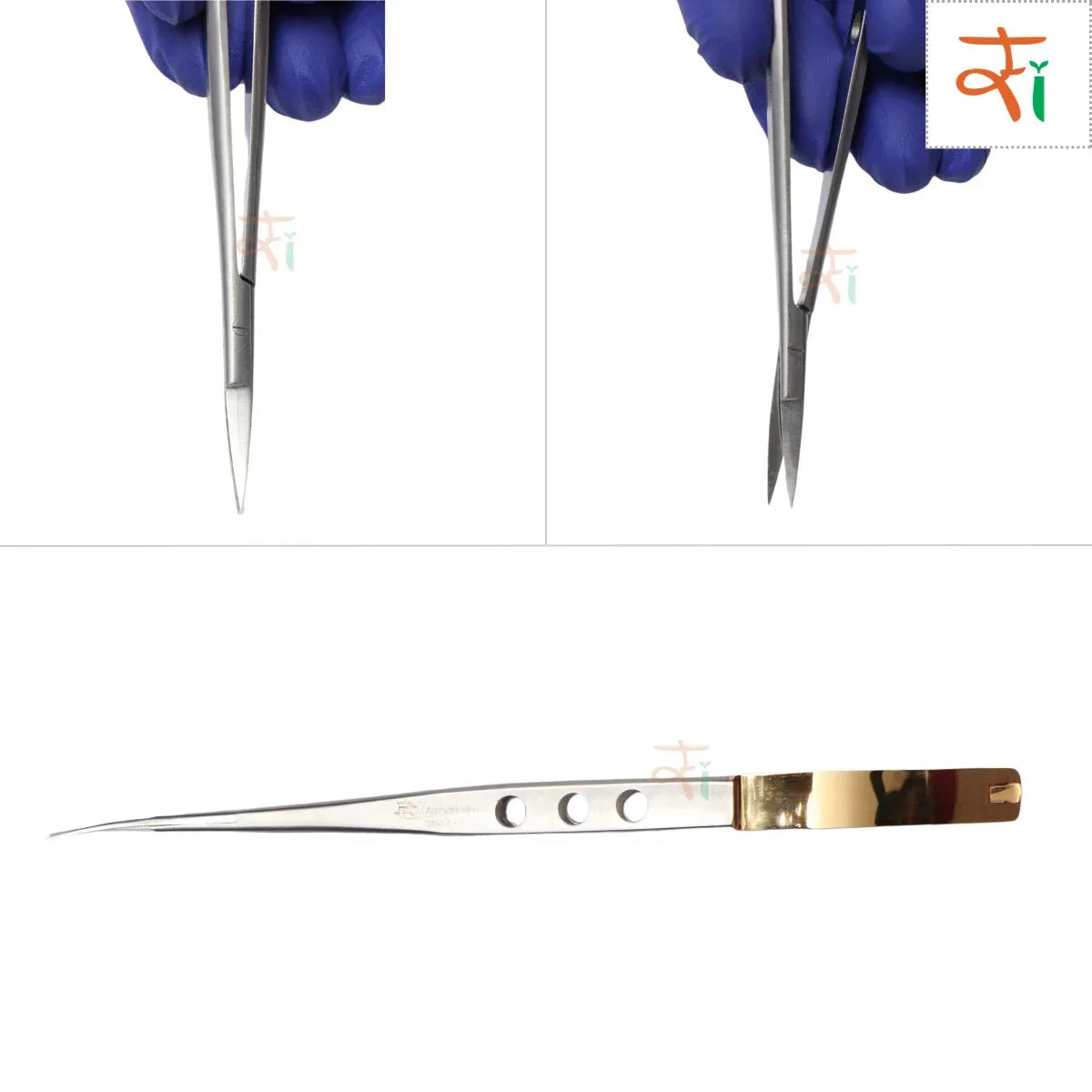 Pair of tweezers held by a hand wearing blue gloves on a white background.