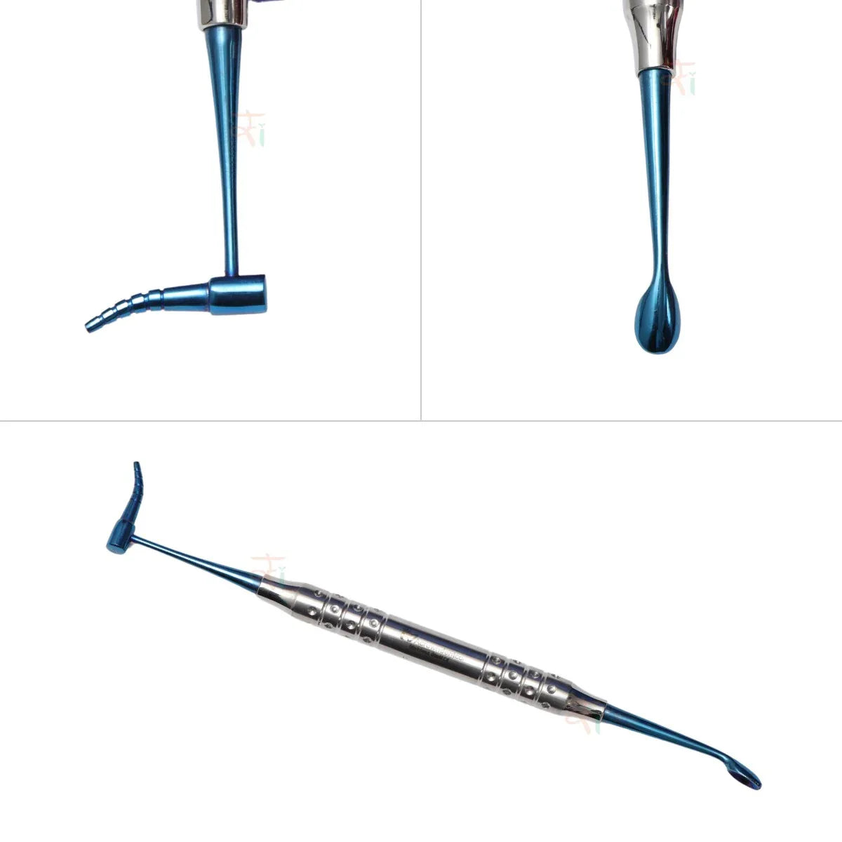 Blue dental tool with metallic components on a white background