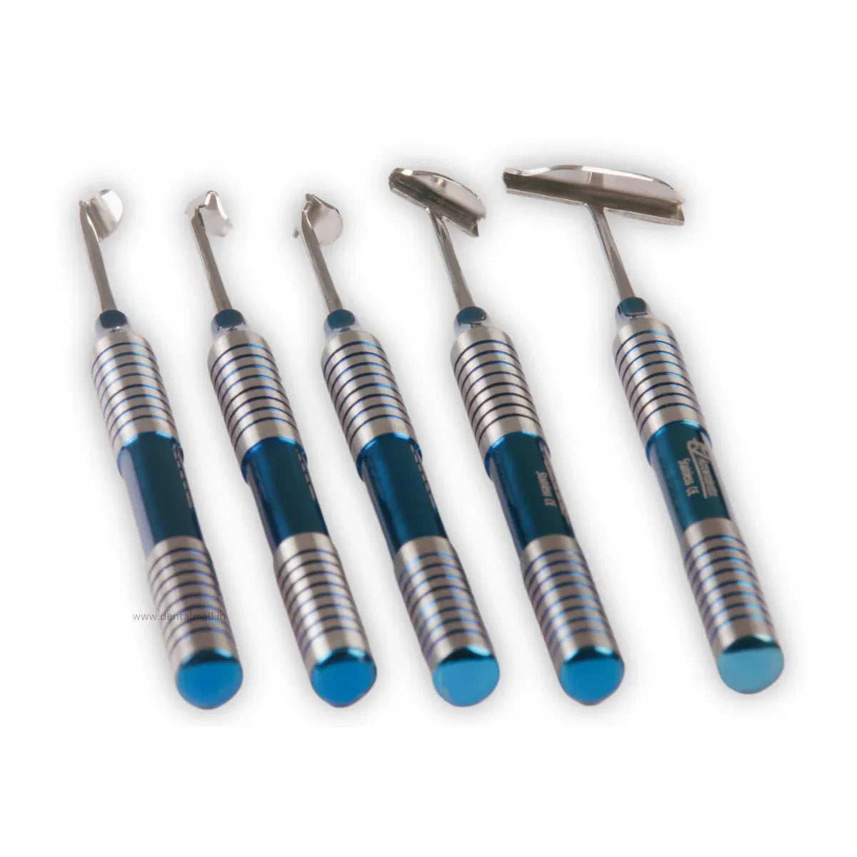 Set of five dental tools with blue and silver design on a white background