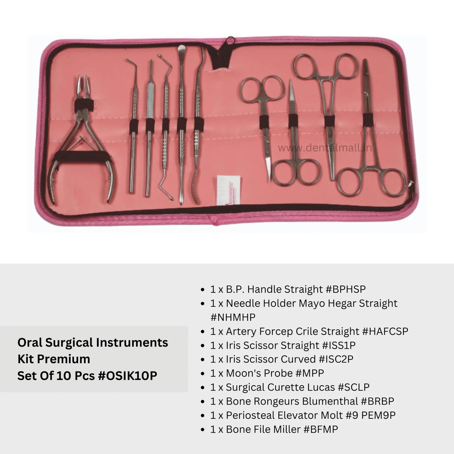 Oral surgical instruments set in a pink case with specifications listed below.