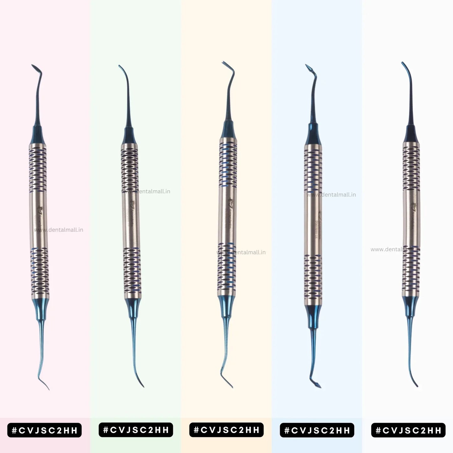 Five dental tools with a gradient background