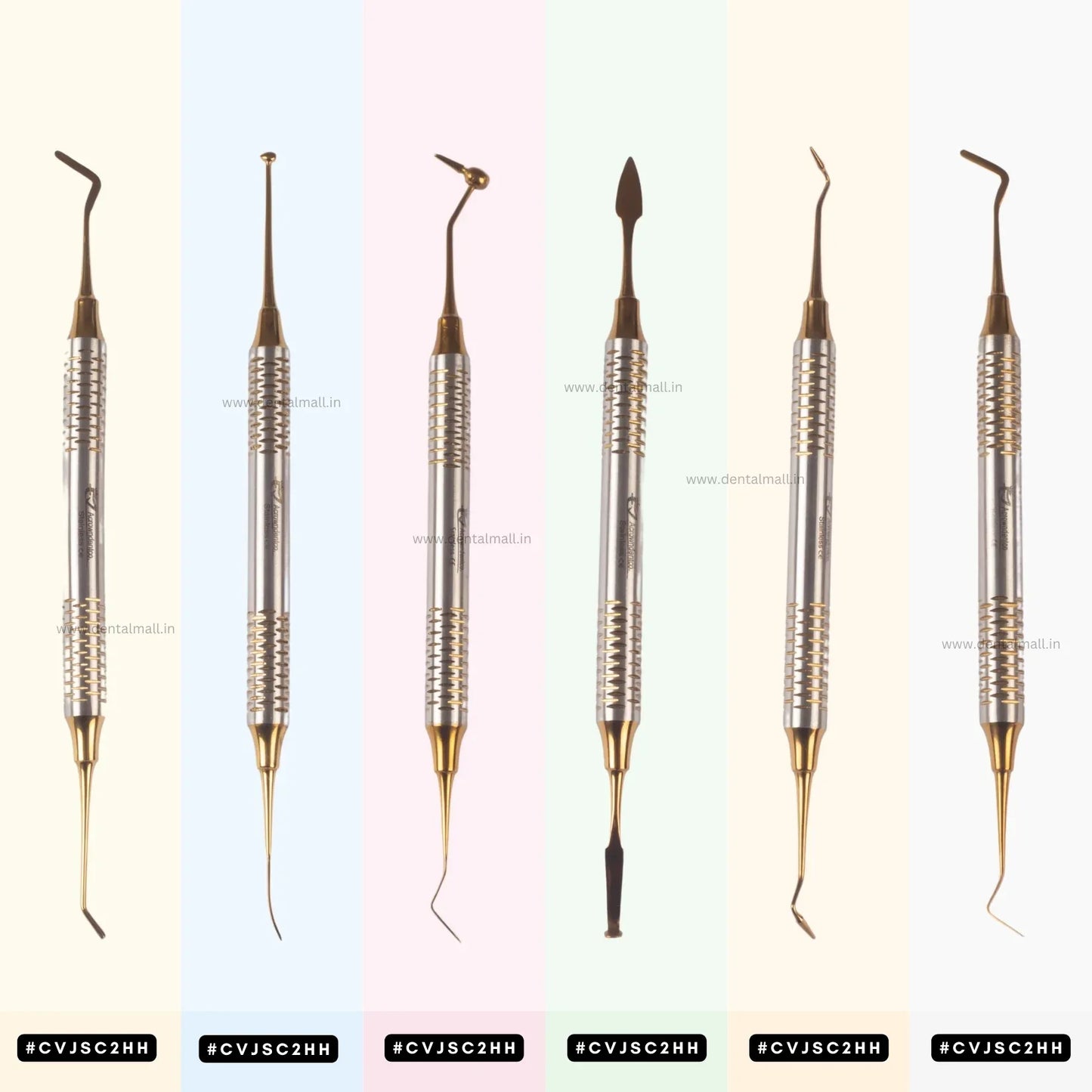 Set of dental tools with metallic handles on a gradient background