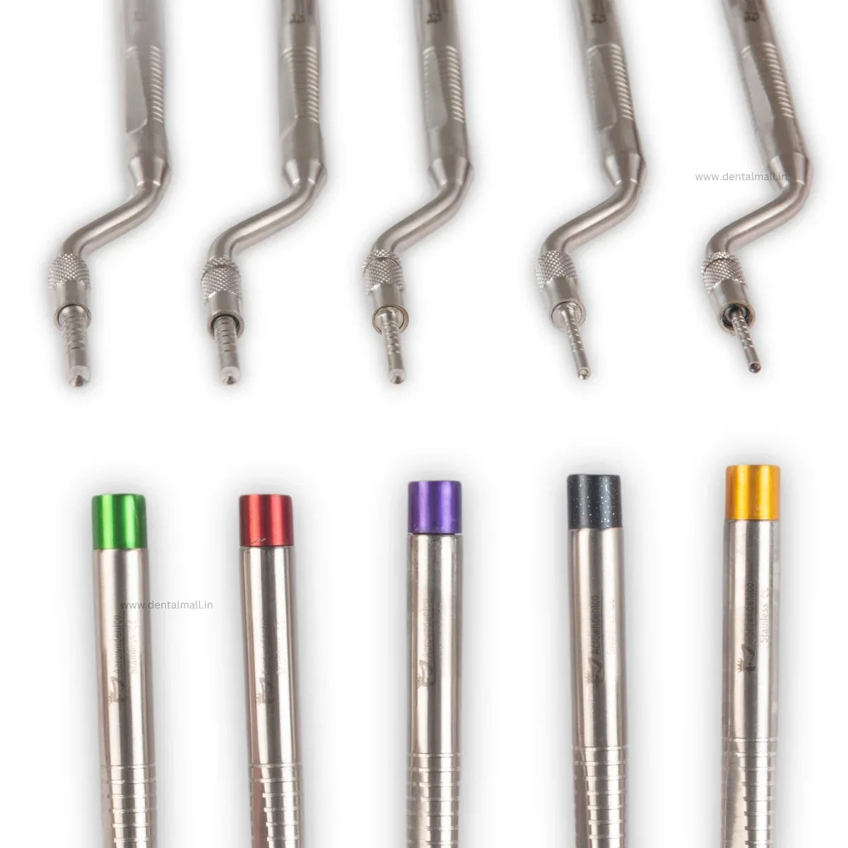 Set of dental handpieces with colored nozzles on a white background