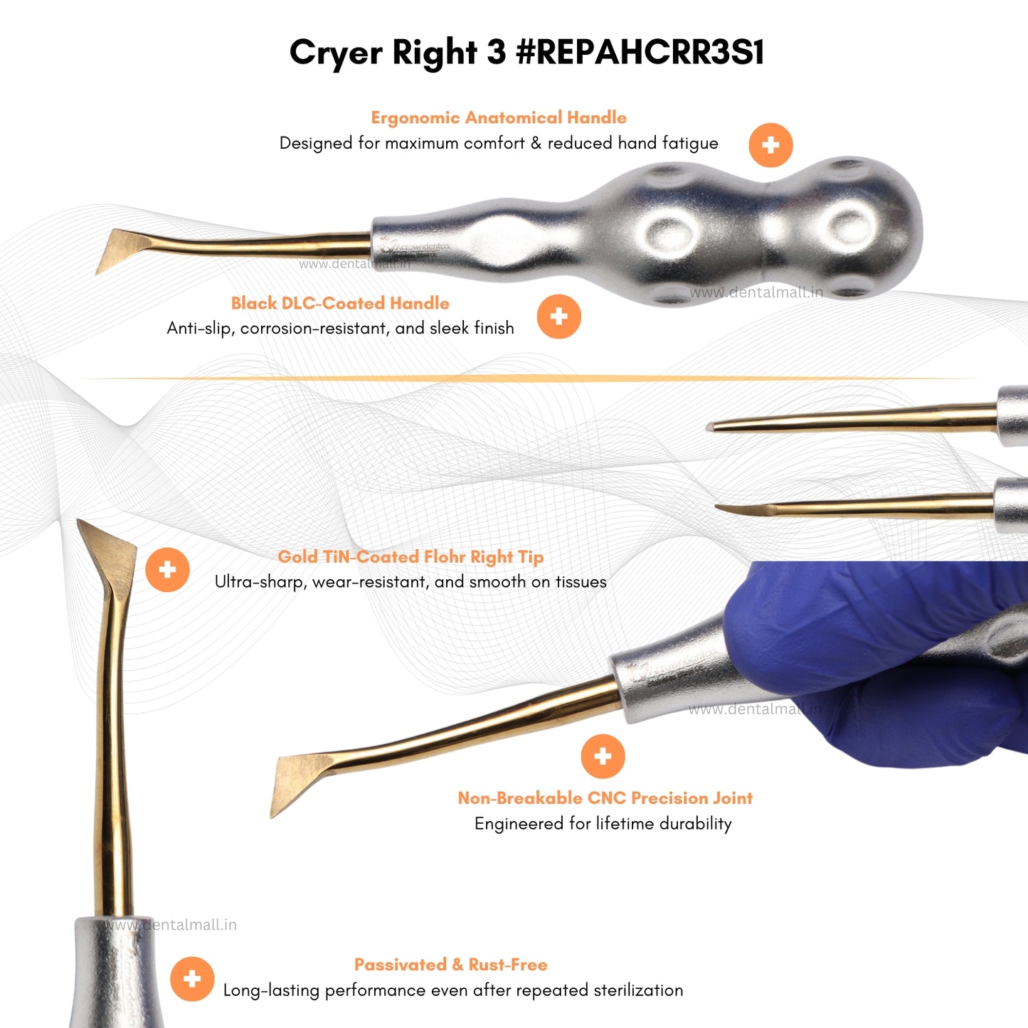 ROOT ELEVATORS PREMIUM ANATOMICAL HANDLE SET OF 7 Pcs Anatomic SILVER DLC Handle | Gold TiN Coated Tip | CNC Non-Breakable Design Joint