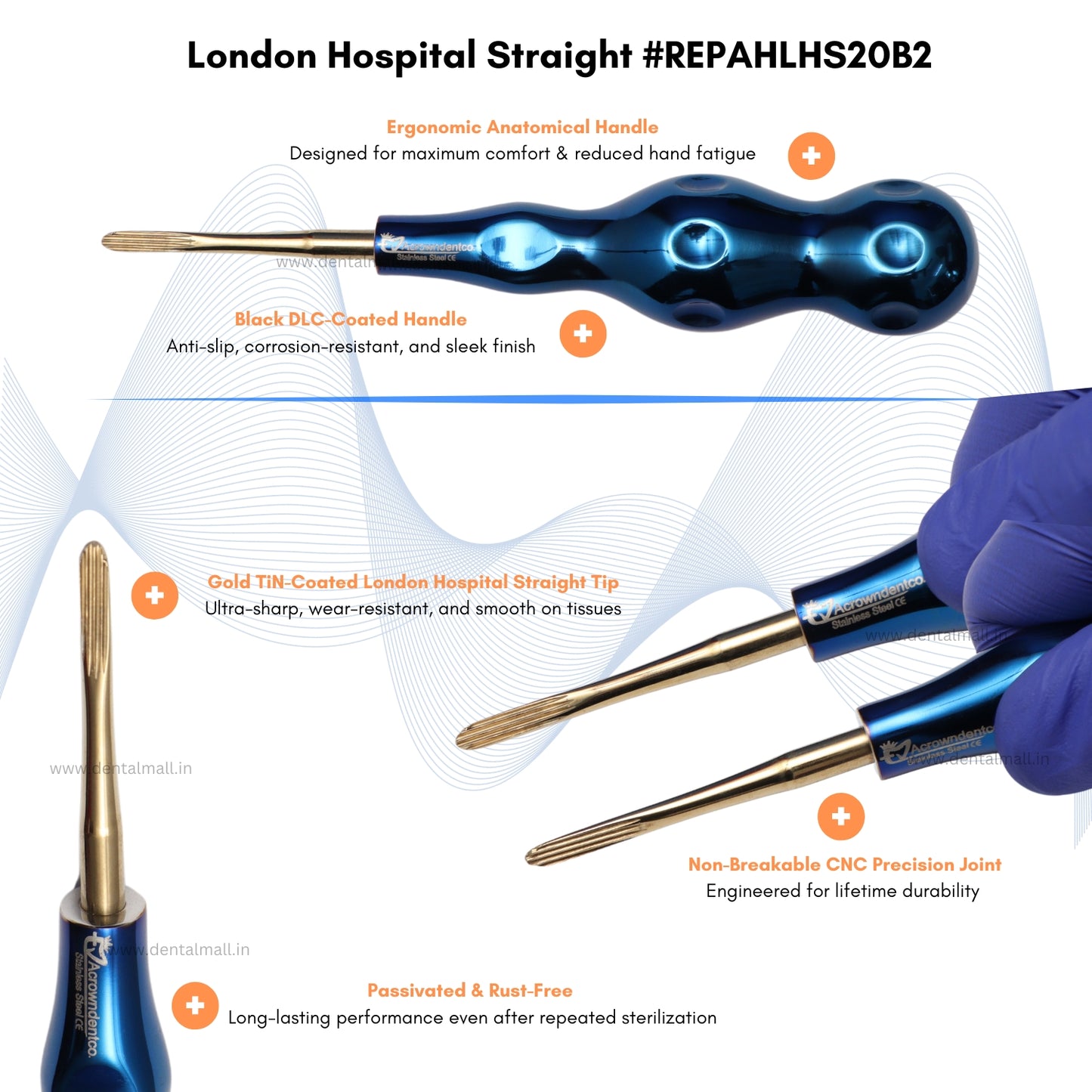 ROOT ELEVATORS PREMIUM ANATOMICAL HANDLE SET OF 7 Pcs. #REPAHK7B2 Anatomic BLUE DLC Handle | Gold TiN Coated Tip | CNC Non-Breakable Design Joint