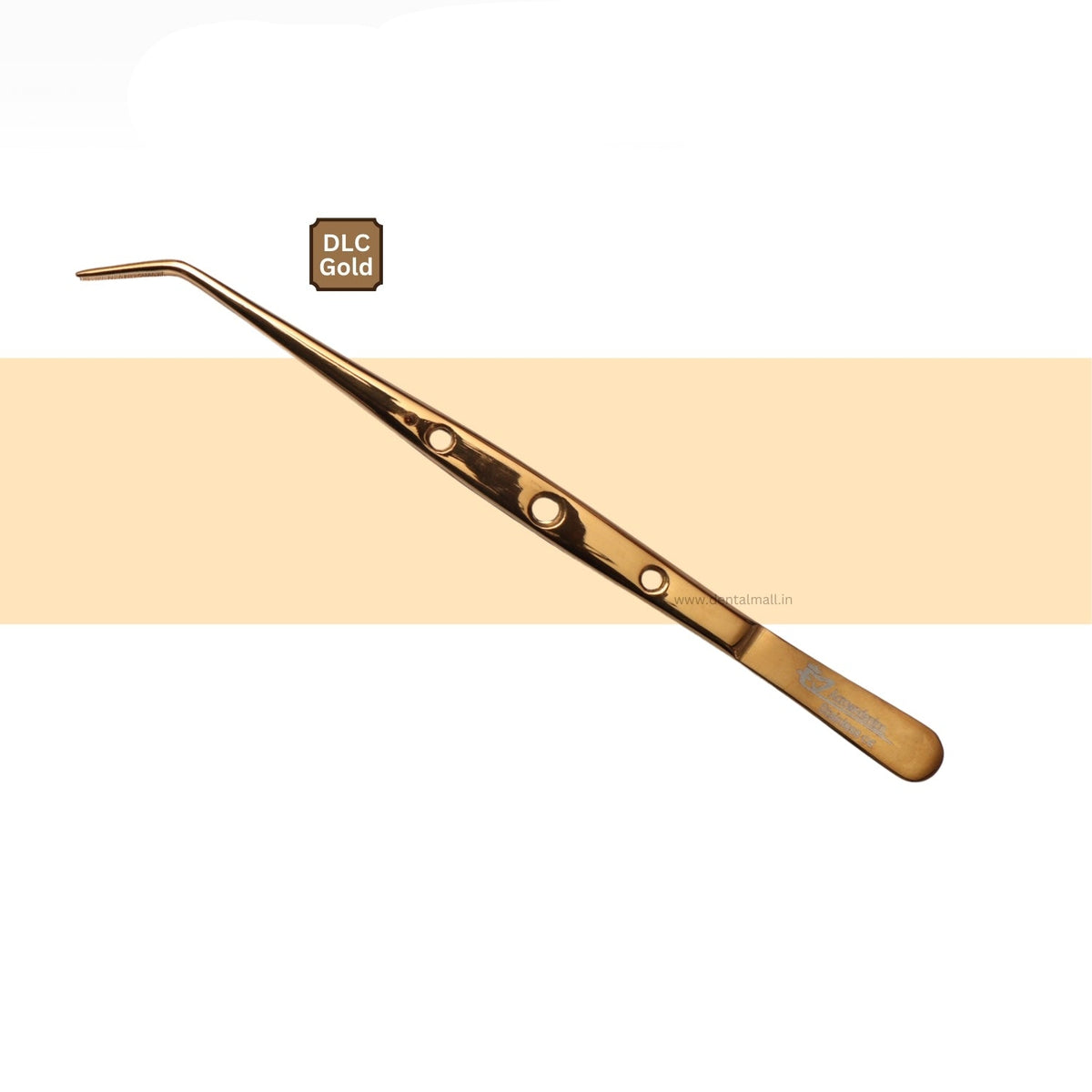 Gold DLC tweezers with holes on a beige background, featuring Swadeshi Instruments and Acrowdentco logos.