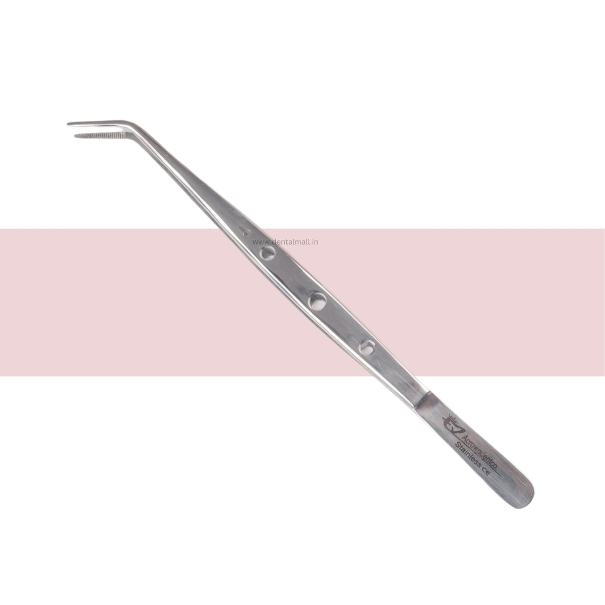 Metal tweezers with a pink band at the bottom on a white background