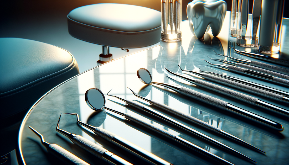 neatly arranged dental instruments on a clean white surface in soft natural light
