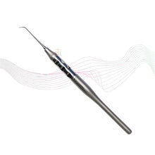 Dental tool with a stylized design on a white background