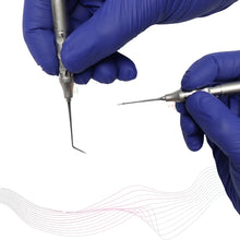 Hands in blue gloves holding dental tools on a white background