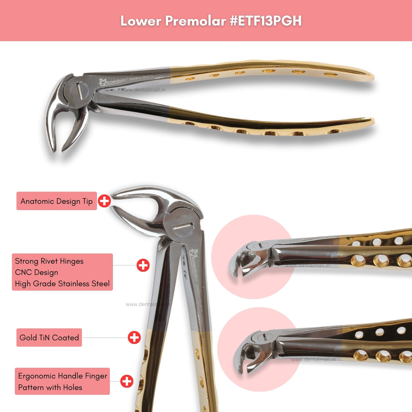 Extraction Tooth Forceps Kit Premium Quality Finger Pattern with Holes Gold TiN Coated Set of 12 Pcs #ETFK12PGH