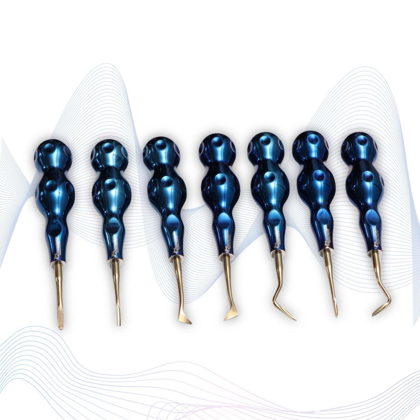 ROOT ELEVATORS PREMIUM ANATOMICAL HANDLE  SET OF 7 Pcs. #REPAHK7B2 Anatomic BLUE DLC Handle | Gold TiN Coated Tip | CNC Non-Breakable Design Joint