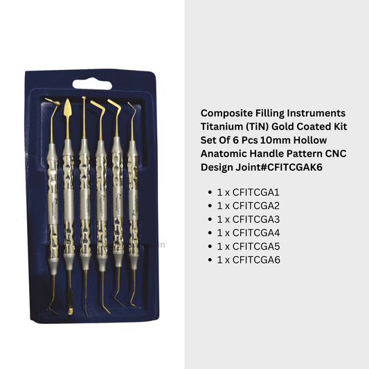 Composite Filling Instruments Titanium (TiN) Gold Coated Kit Set Of 6 Pcs 10mm Hollow Anatomic Handle Pattern CNC Design Joint #CFITCGAK6