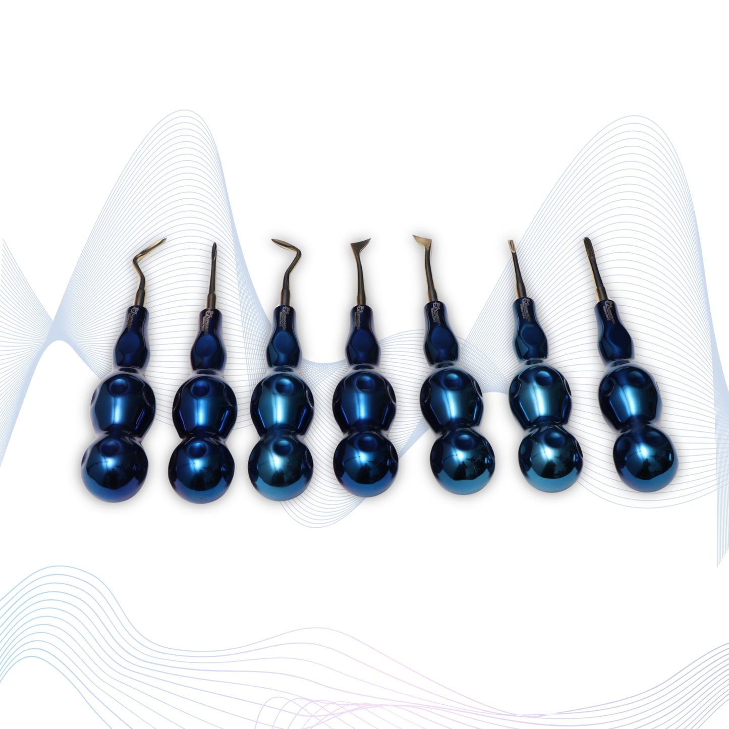 ROOT ELEVATORS PREMIUM ANATOMICAL HANDLE  SET OF 7 Pcs. #REPAHK7B2 Anatomic BLUE DLC Handle | Gold TiN Coated Tip | CNC Non-Breakable Design Joint