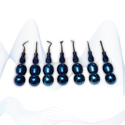 ROOT ELEVATORS PREMIUM ANATOMICAL HANDLE  SET OF 7 Pcs. #REPAHK7B2 Anatomic BLUE DLC Handle | Gold TiN Coated Tip | CNC Non-Breakable Design Joint