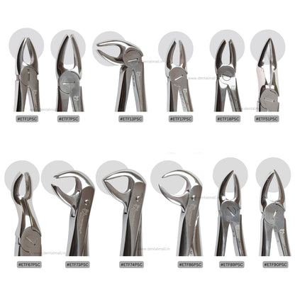 Extraction Tooth Forceps Kit Premium Quality Finger Pattern with Cut Handle Matte Sandblasting Finish, Set of 12 Pcs