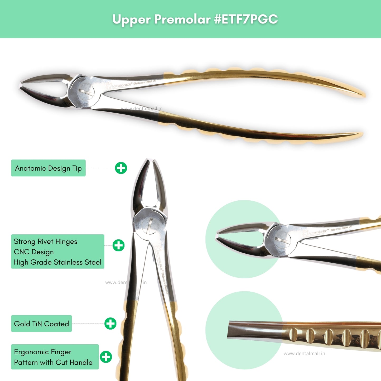 Extraction Tooth Forceps Kit Premium Quality Finger Pattern with Cut Handle Gold TiN Coated, Set of 12 Pcs #ETFK12PGC