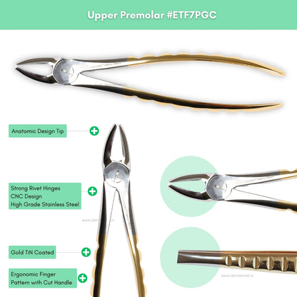 Extraction Tooth Forceps Kit Premium Quality Finger Pattern with Cut Handle Gold TiN Coated, Set of 12 Pcs #ETFK12PGC