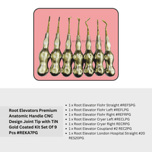 Root Elevators Premium Anatomic Handle CNC Design Joint Tip with TiN Gold Coated Kit Set Of 7 Pcs #REKA7PG