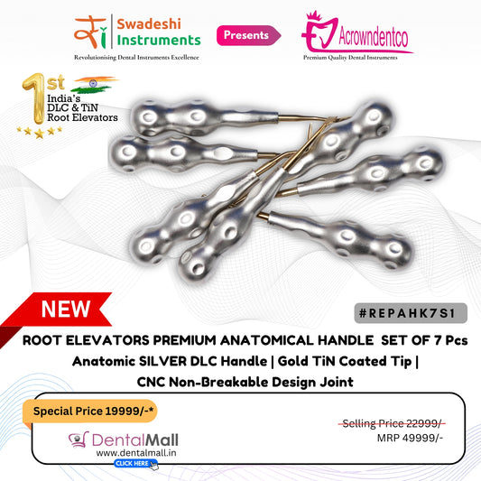 ROOT ELEVATORS PREMIUM ANATOMICAL HANDLE  SET OF 7 Pcs Anatomic SILVER DLC Handle | Gold TiN Coated Tip | CNC Non-Breakable Design Joint
