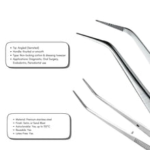 Pair of dental tweezers with specifications on a white background