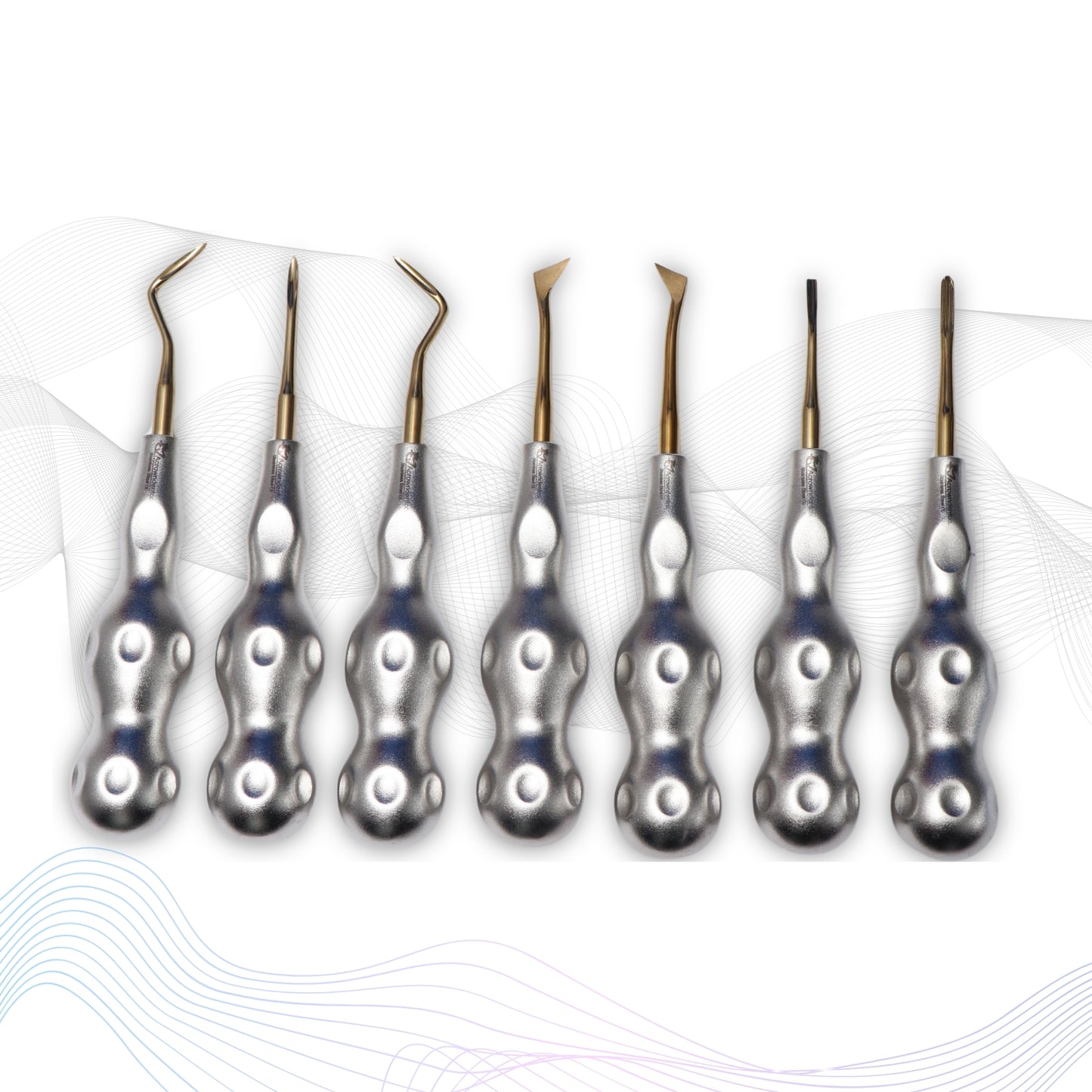 ROOT ELEVATORS PREMIUM ANATOMICAL HANDLE  SET OF 7 Pcs Anatomic SILVER DLC Handle | Gold TiN Coated Tip | CNC Non-Breakable Design Joint