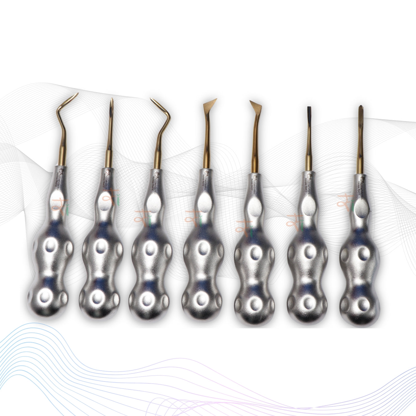 ROOT ELEVATORS PREMIUM ANATOMICAL HANDLE  SET OF 7 Pcs Anatomic SILVER DLC Handle | Gold TiN Coated Tip | CNC Non-Breakable Design Joint