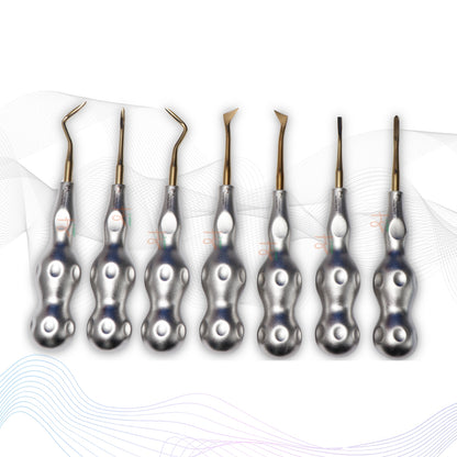 ROOT ELEVATORS PREMIUM ANATOMICAL HANDLE  SET OF 7 Pcs Anatomic SILVER DLC Handle | Gold TiN Coated Tip | CNC Non-Breakable Design Joint