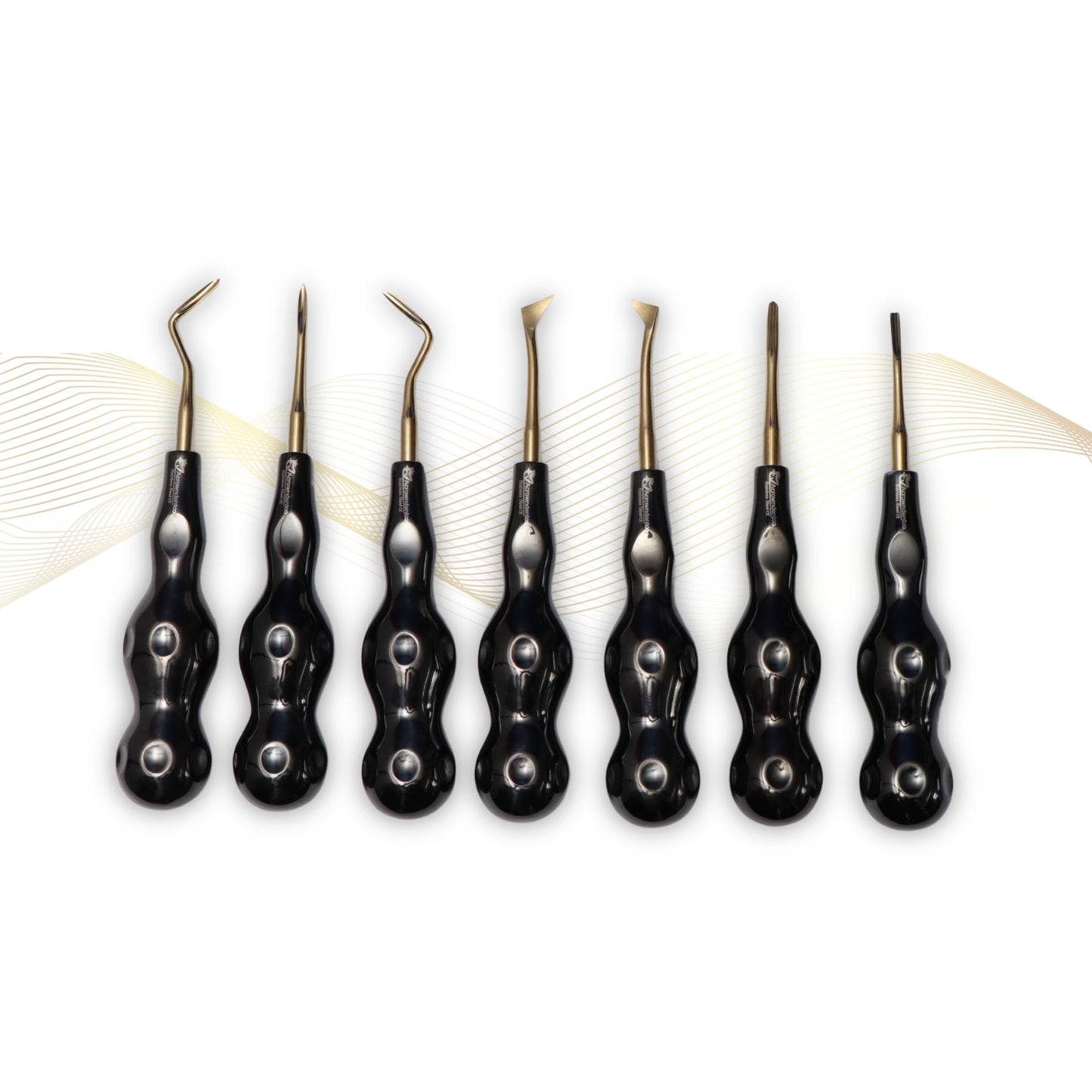 ROOT ELEVATORS PREMIUM ANATOMICAL HANDLE  SET OF 7 Pcs. #REPAHK7B3 Anatomic BLACK DLC Handle | Gold TiN Coated Tip | CNC Non-Breakable Design Joint