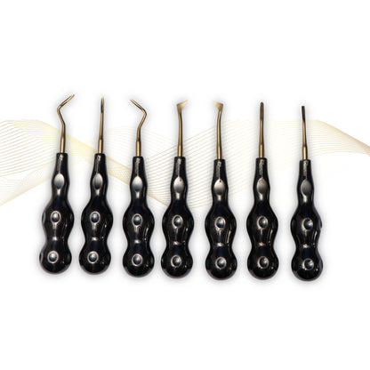 ROOT ELEVATORS PREMIUM ANATOMICAL HANDLE  SET OF 7 Pcs. #REPAHK7B3 Anatomic BLACK DLC Handle | Gold TiN Coated Tip | CNC Non-Breakable Design Joint