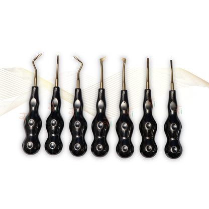 ROOT ELEVATORS PREMIUM ANATOMICAL HANDLE  SET OF 7 Pcs. #REPAHK7B3 Anatomic BLACK DLC Handle | Gold TiN Coated Tip | CNC Non-Breakable Design Joint