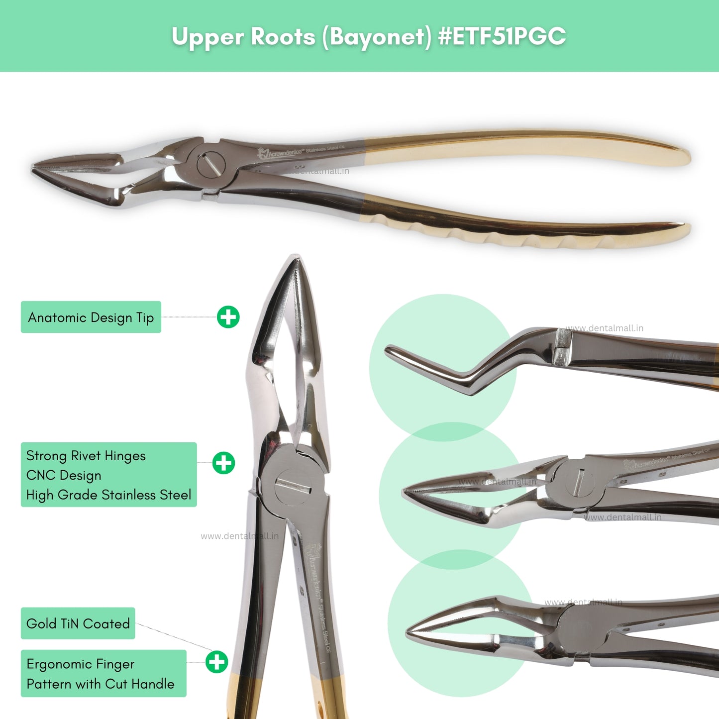 Extraction Tooth Forceps Kit Premium Quality Finger Pattern with Cut Handle Gold TiN Coated, Set of 12 Pcs #ETFK12PGC