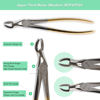 Extraction Tooth Forceps Kit Premium Quality Finger Pattern with Cut Handle Gold TiN Coated, Set of 12 Pcs #ETFK12PGC