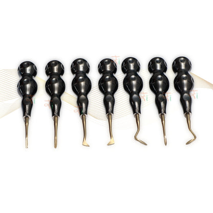 ROOT ELEVATORS PREMIUM ANATOMICAL HANDLE  SET OF 7 Pcs. #REPAHK7B3 Anatomic BLACK DLC Handle | Gold TiN Coated Tip | CNC Non-Breakable Design Joint