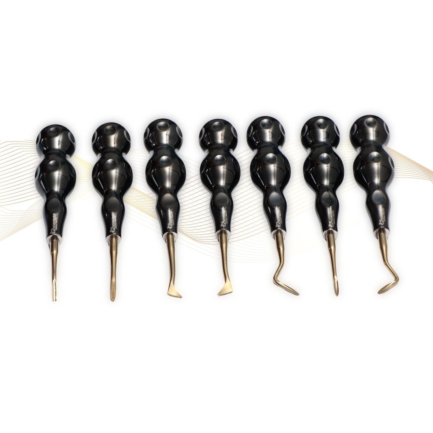 ROOT ELEVATORS PREMIUM ANATOMICAL HANDLE  SET OF 7 Pcs. #REPAHK7B3 Anatomic BLACK DLC Handle | Gold TiN Coated Tip | CNC Non-Breakable Design Joint