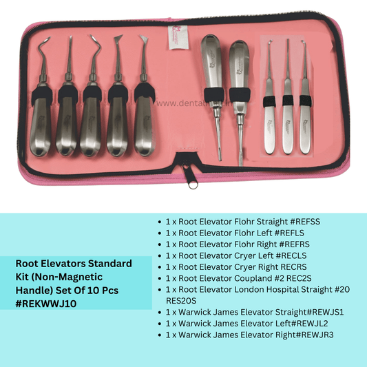 Root Elevators with Warwick James Kit (Non-Magnetic Handle) – Set of 10 Pcs. #REWWJK10