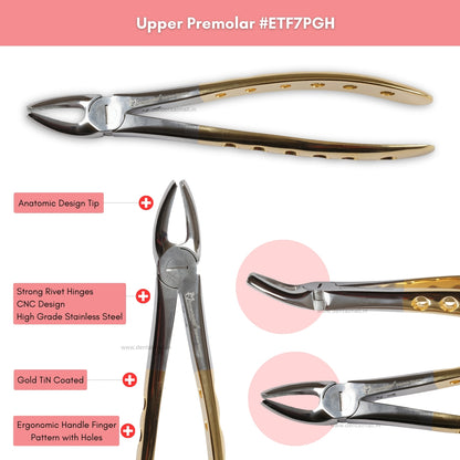 Extraction Tooth Forceps Kit Premium Quality Finger Pattern with Holes Gold TiN Coated Set of 12 Pcs #ETFK12PGH