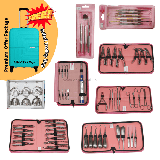 A collection of dental instrument kits in various packaging, including some with tools visible through open lids and some in sealed boxes with labels. A promotional offer for a free safari trolley bag is displayed.