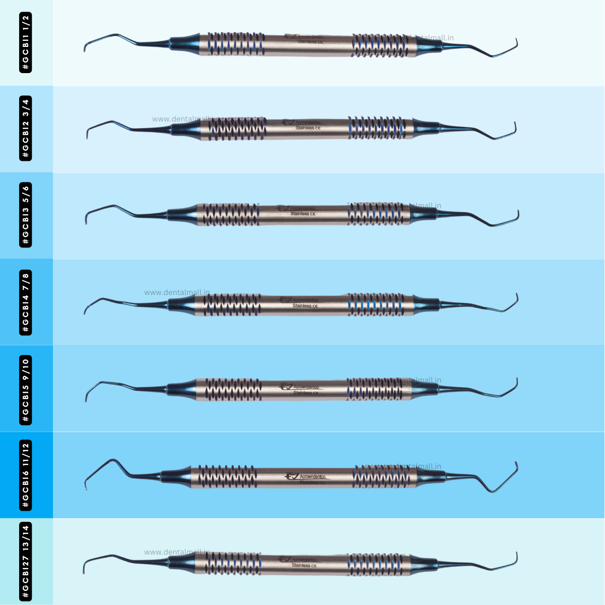 Gracey Curette Kit - Set of 7 (Blue TiN Coated Tips & SI-DALILA Cut Hollow Handle Pattern) #GCBK7CH