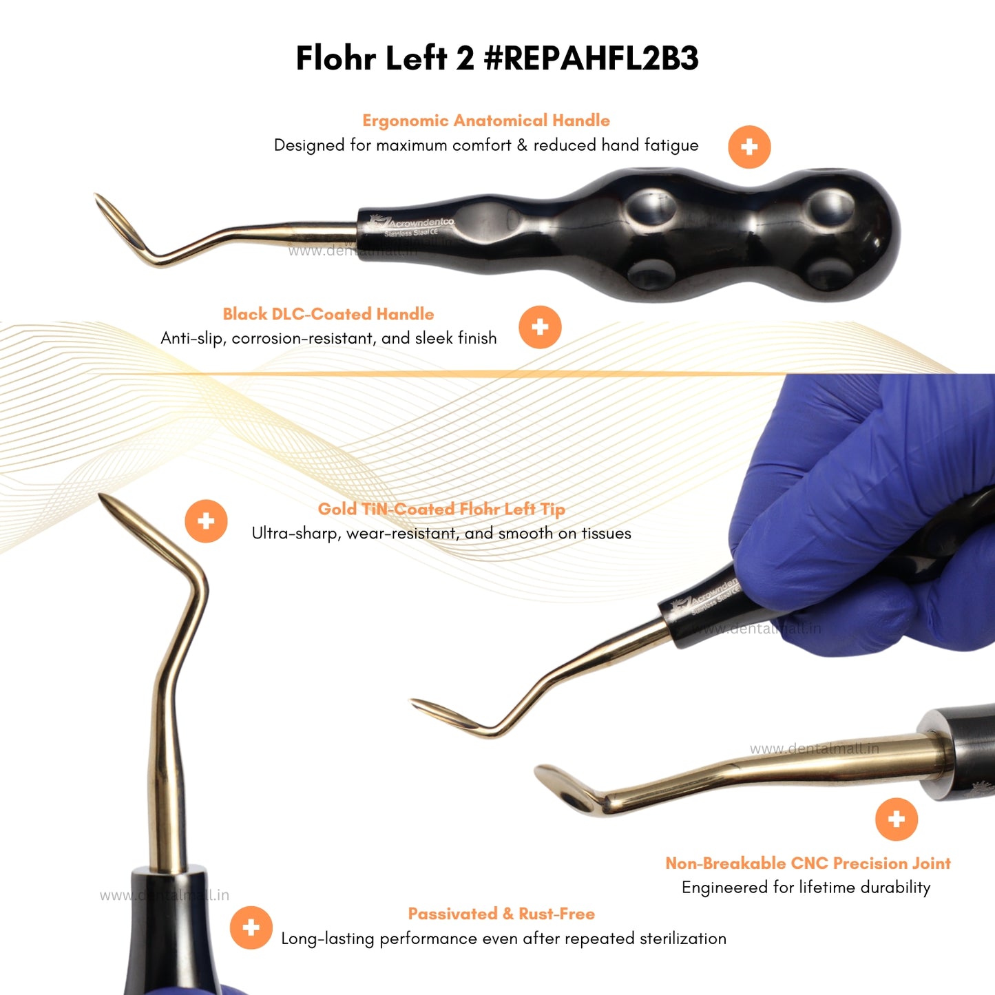 ROOT ELEVATORS PREMIUM ANATOMICAL HANDLE  SET OF 7 Pcs. #REPAHK7B3 Anatomic BLACK DLC Handle | Gold TiN Coated Tip | CNC Non-Breakable Design Joint