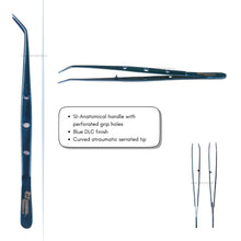 Pair of tweezers with blue DLC finish on a white background