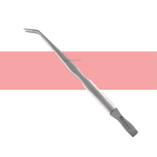 Metal tweezers with a pink and white background