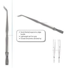 Stainless steel tweezers with ergonomic handle and curved tip on a white background