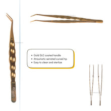 Gold tweezers with specifications on a white background